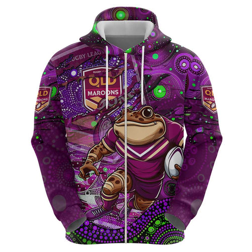 Personalised Mascot Queensland Maroons Rugby Zip Hoodie Aboriginal Galaxy