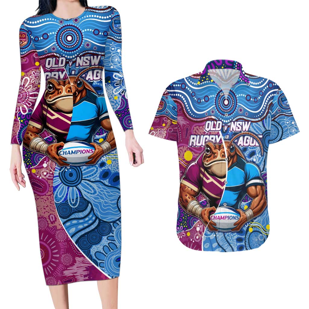 Custom Blues Cockroaches And Maroons Cane Toads Couples Matching Long Sleeve Bodycon Dress and Hawaiian Shirt State of Origin Aboriginal