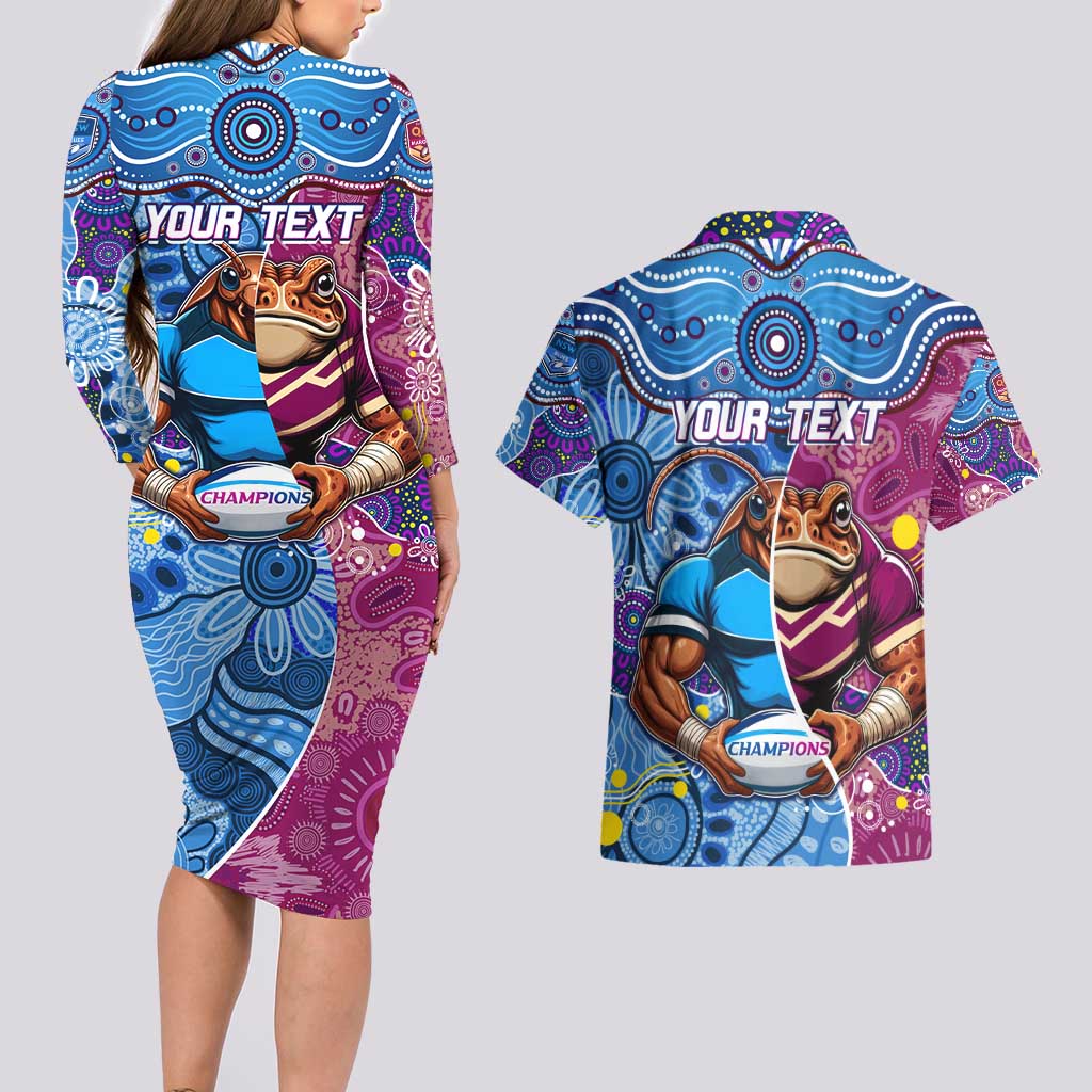 Custom Blues Cockroaches And Maroons Cane Toads Couples Matching Long Sleeve Bodycon Dress and Hawaiian Shirt State of Origin Aboriginal