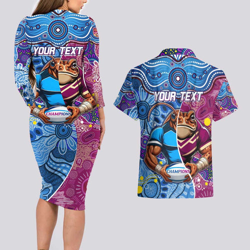 Custom Blues Cockroaches And Maroons Cane Toads Couples Matching Long Sleeve Bodycon Dress and Hawaiian Shirt State of Origin Aboriginal