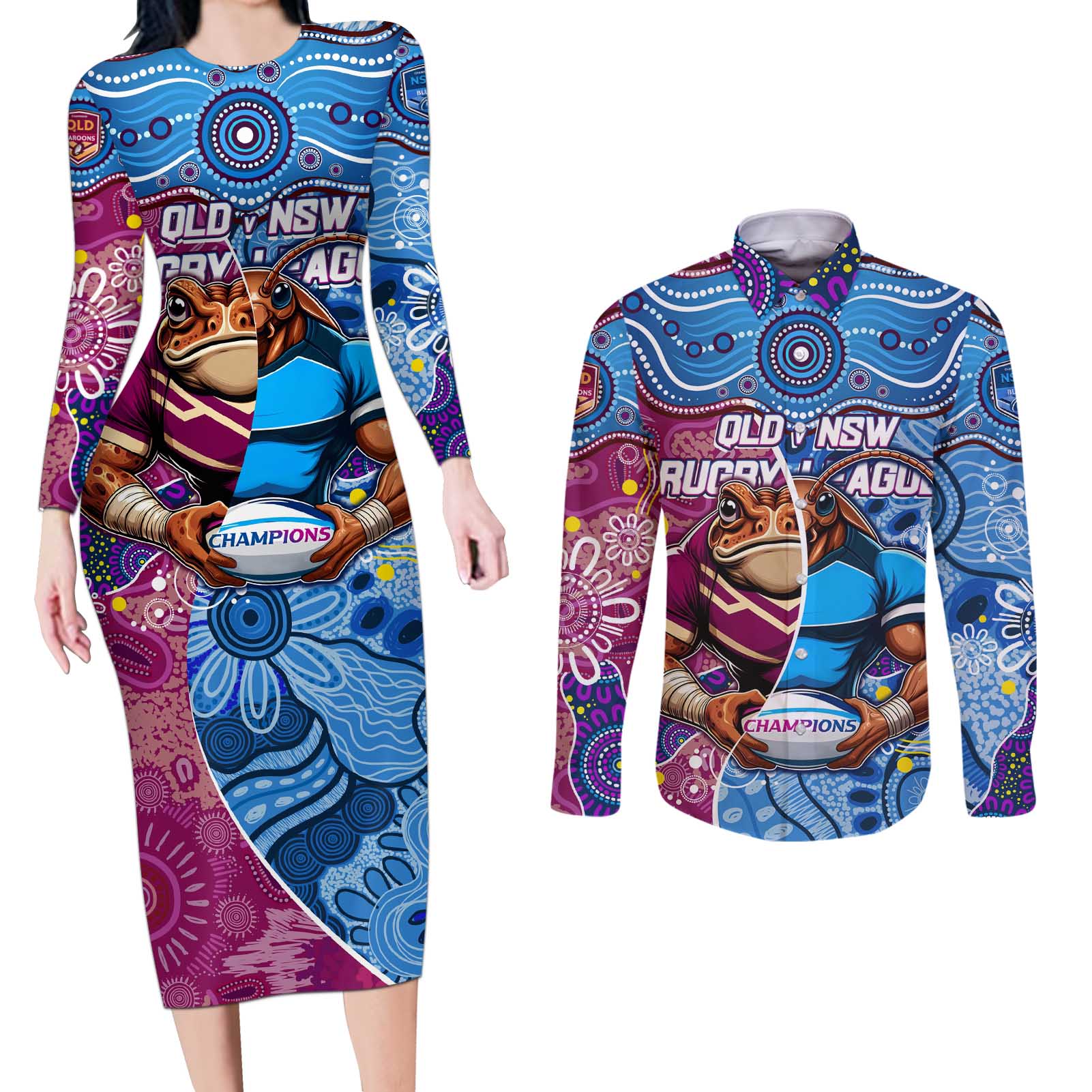 Custom Blues Cockroaches And Maroons Cane Toads Couples Matching Long Sleeve Bodycon Dress and Long Sleeve Button Shirt State of Origin Aboriginal