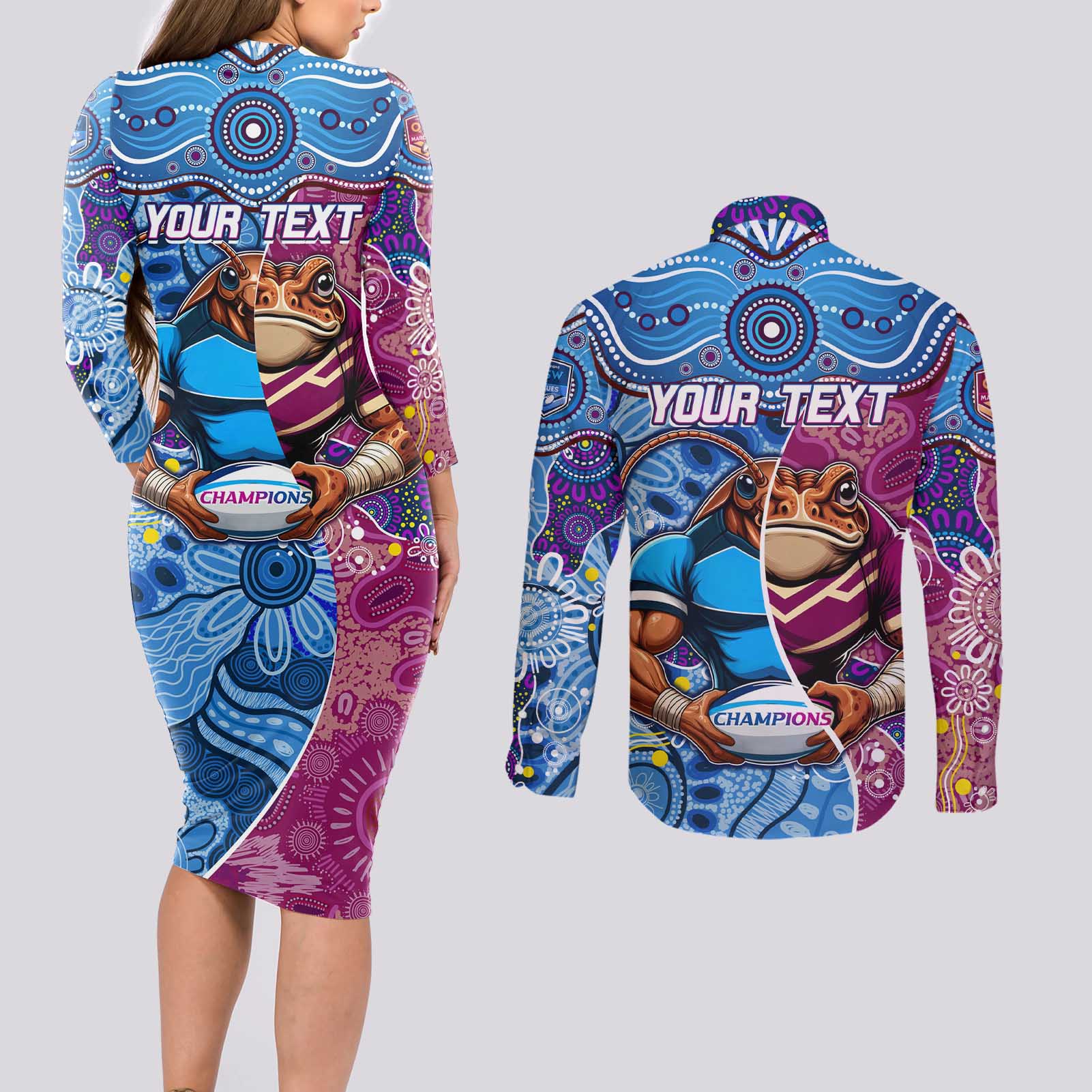 Custom Blues Cockroaches And Maroons Cane Toads Couples Matching Long Sleeve Bodycon Dress and Long Sleeve Button Shirt State of Origin Aboriginal