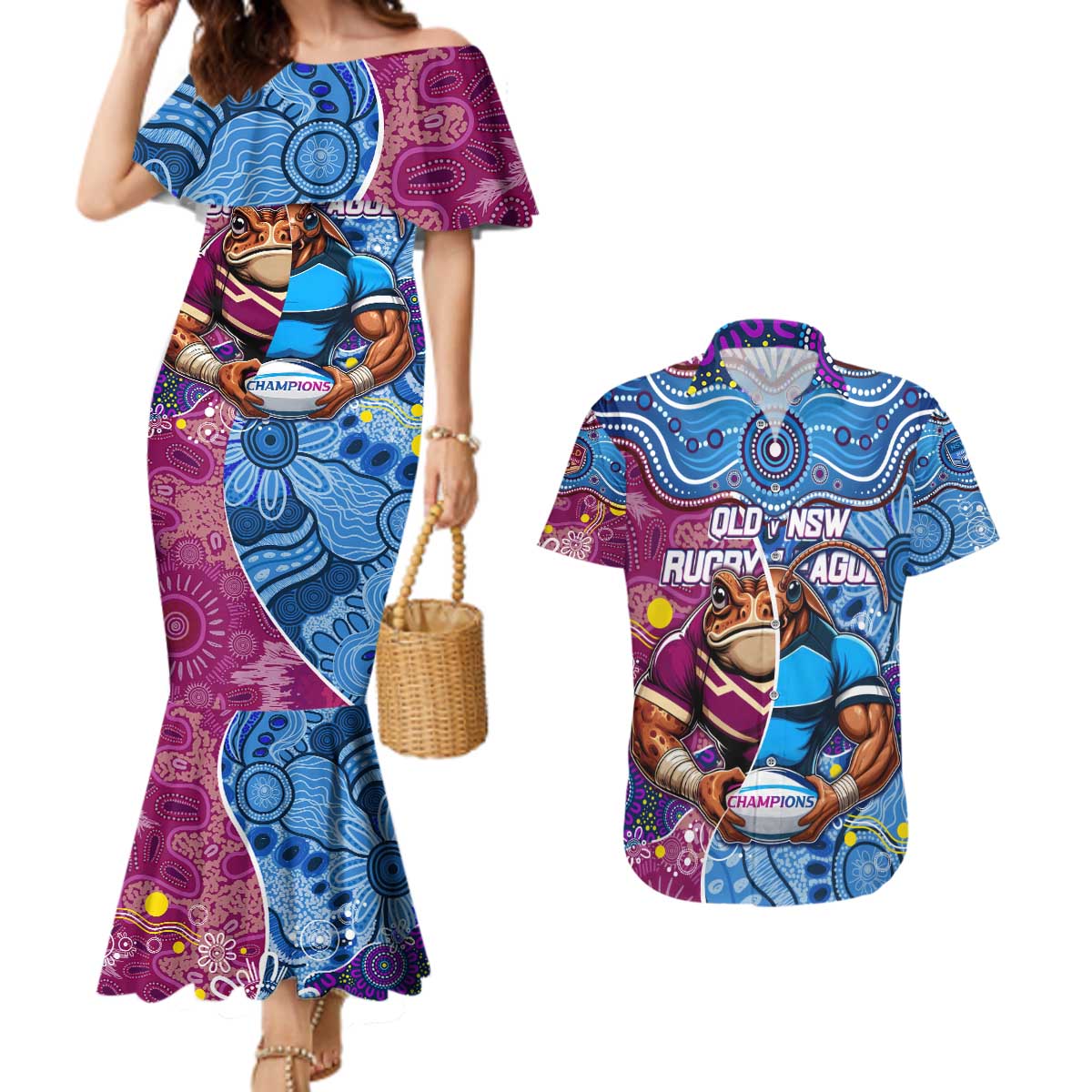 Custom Blues Cockroaches And Maroons Cane Toads Couples Matching Mermaid Dress and Hawaiian Shirt State of Origin Aboriginal