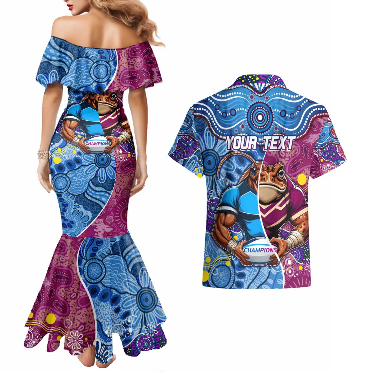 Custom Blues Cockroaches And Maroons Cane Toads Couples Matching Mermaid Dress and Hawaiian Shirt State of Origin Aboriginal