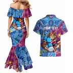 Custom Blues Cockroaches And Maroons Cane Toads Couples Matching Mermaid Dress and Hawaiian Shirt State of Origin Aboriginal