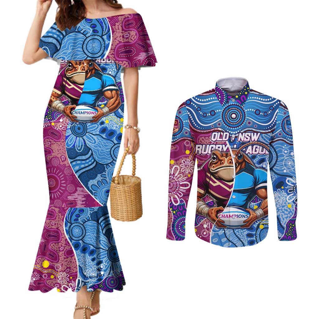 Custom Blues Cockroaches And Maroons Cane Toads Couples Matching Mermaid Dress and Long Sleeve Button Shirt State of Origin Aboriginal