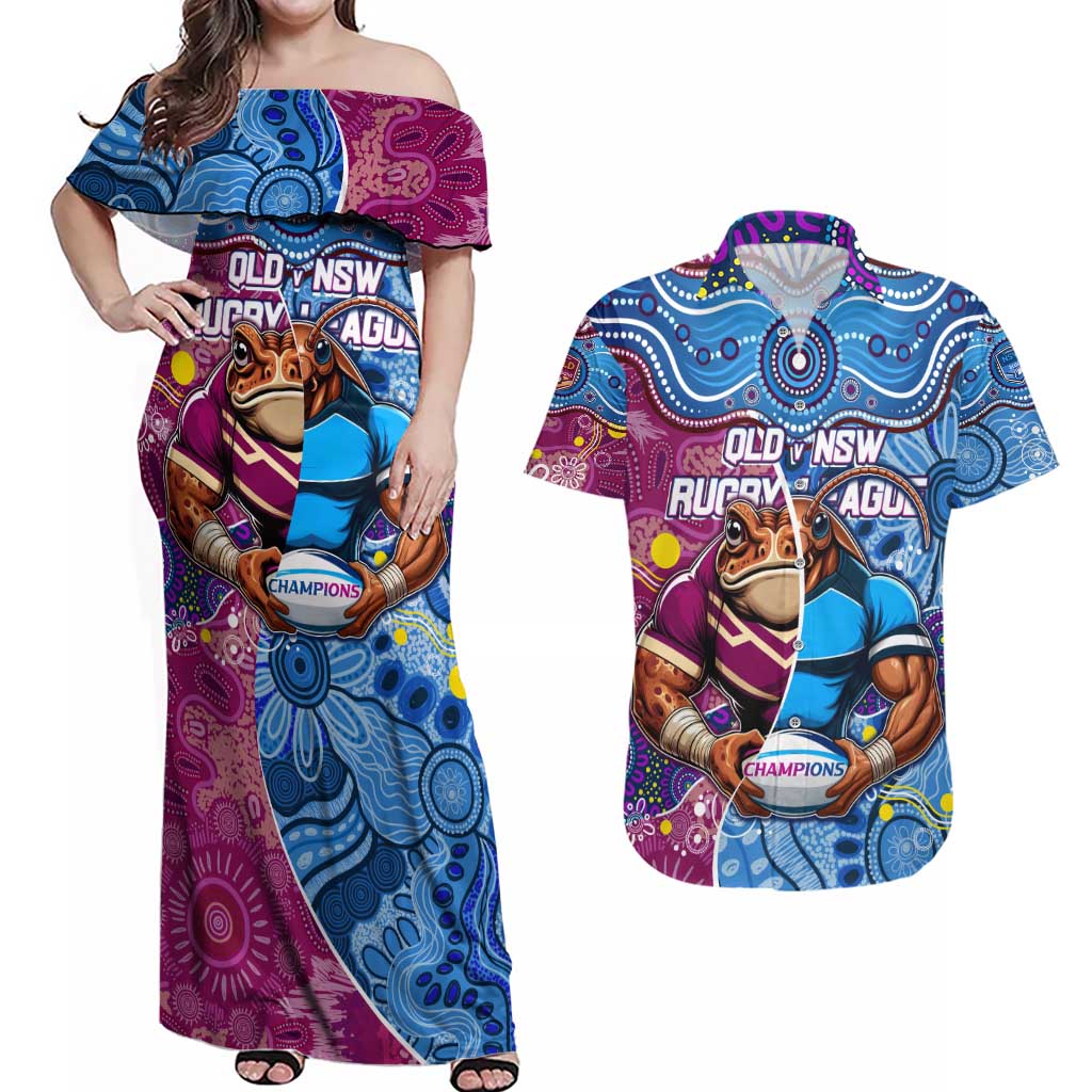 Custom Blues Cockroaches And Maroons Cane Toads Couples Matching Off Shoulder Maxi Dress and Hawaiian Shirt State of Origin Aboriginal