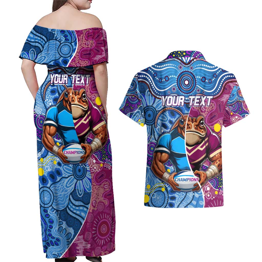 Custom Blues Cockroaches And Maroons Cane Toads Couples Matching Off Shoulder Maxi Dress and Hawaiian Shirt State of Origin Aboriginal