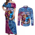 Custom Blues Cockroaches And Maroons Cane Toads Couples Matching Off Shoulder Maxi Dress and Long Sleeve Button Shirt State of Origin Aboriginal