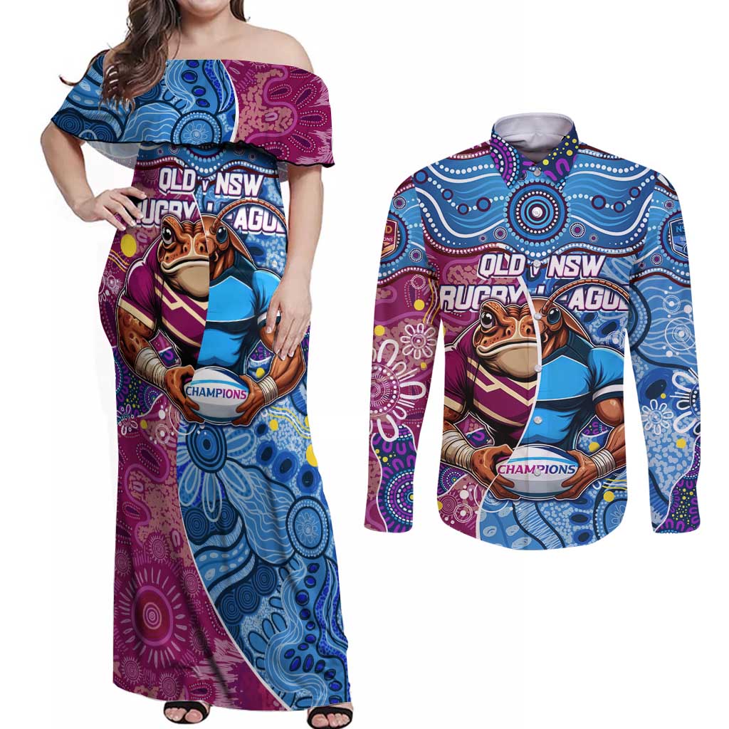 Custom Blues Cockroaches And Maroons Cane Toads Couples Matching Off Shoulder Maxi Dress and Long Sleeve Button Shirt State of Origin Aboriginal