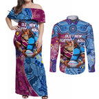 Custom Blues Cockroaches And Maroons Cane Toads Couples Matching Off Shoulder Maxi Dress and Long Sleeve Button Shirt State of Origin Aboriginal