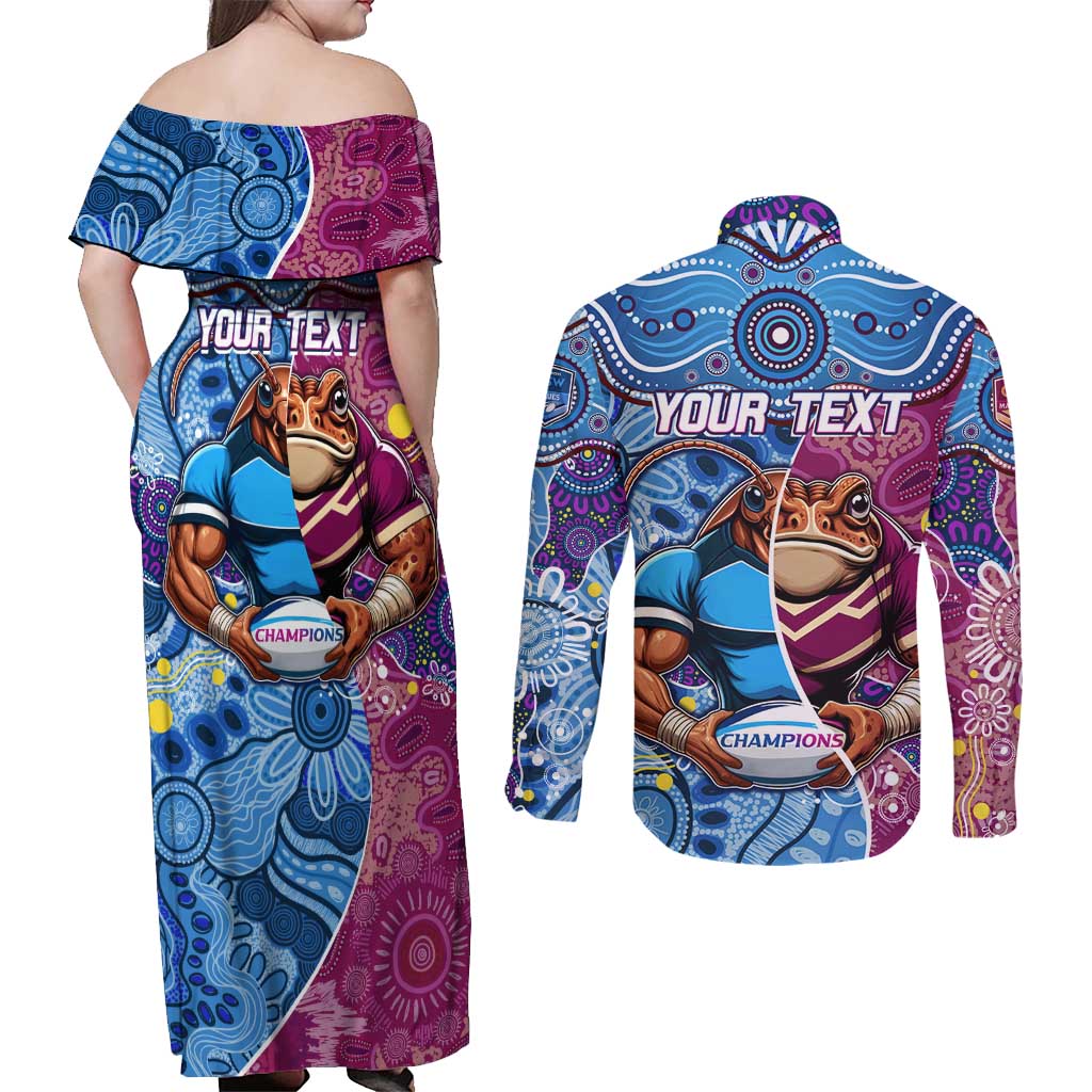 Custom Blues Cockroaches And Maroons Cane Toads Couples Matching Off Shoulder Maxi Dress and Long Sleeve Button Shirt State of Origin Aboriginal