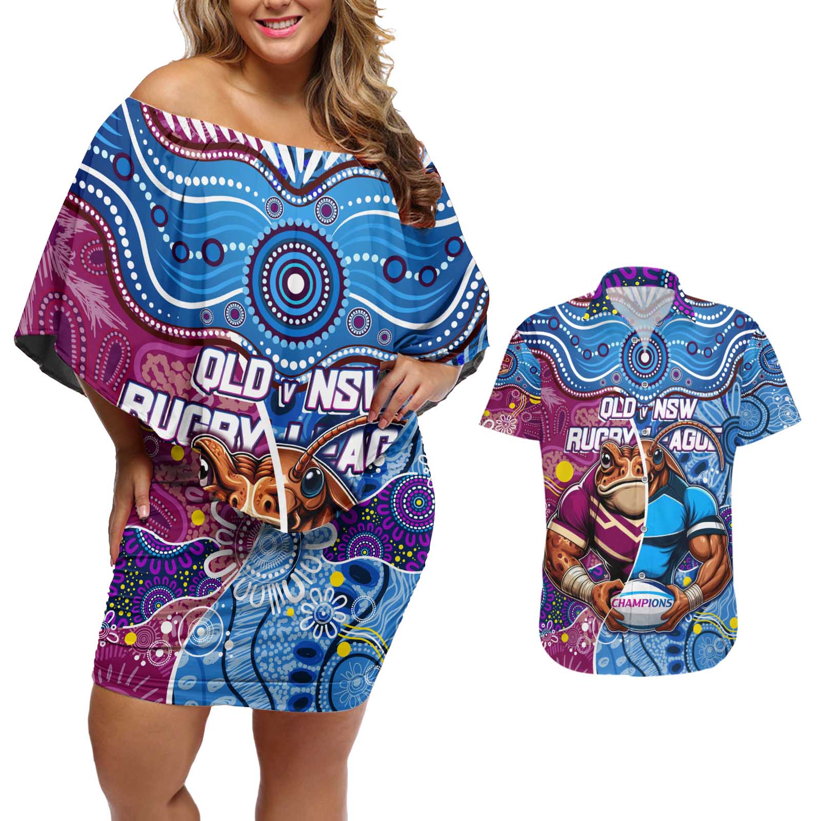 Custom Blues Cockroaches And Maroons Cane Toads Couples Matching Off Shoulder Short Dress and Hawaiian Shirt State of Origin Aboriginal