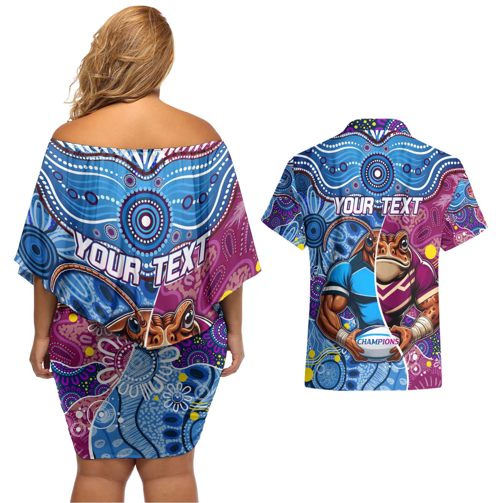 Custom Blues Cockroaches And Maroons Cane Toads Couples Matching Off Shoulder Short Dress and Hawaiian Shirt State of Origin Aboriginal