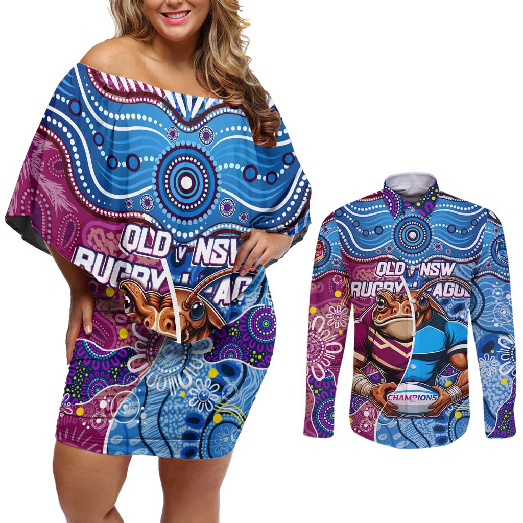 Custom Blues Cockroaches And Maroons Cane Toads Couples Matching Off Shoulder Short Dress and Long Sleeve Button Shirt State of Origin Aboriginal