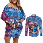 Custom Blues Cockroaches And Maroons Cane Toads Couples Matching Off Shoulder Short Dress and Long Sleeve Button Shirt State of Origin Aboriginal