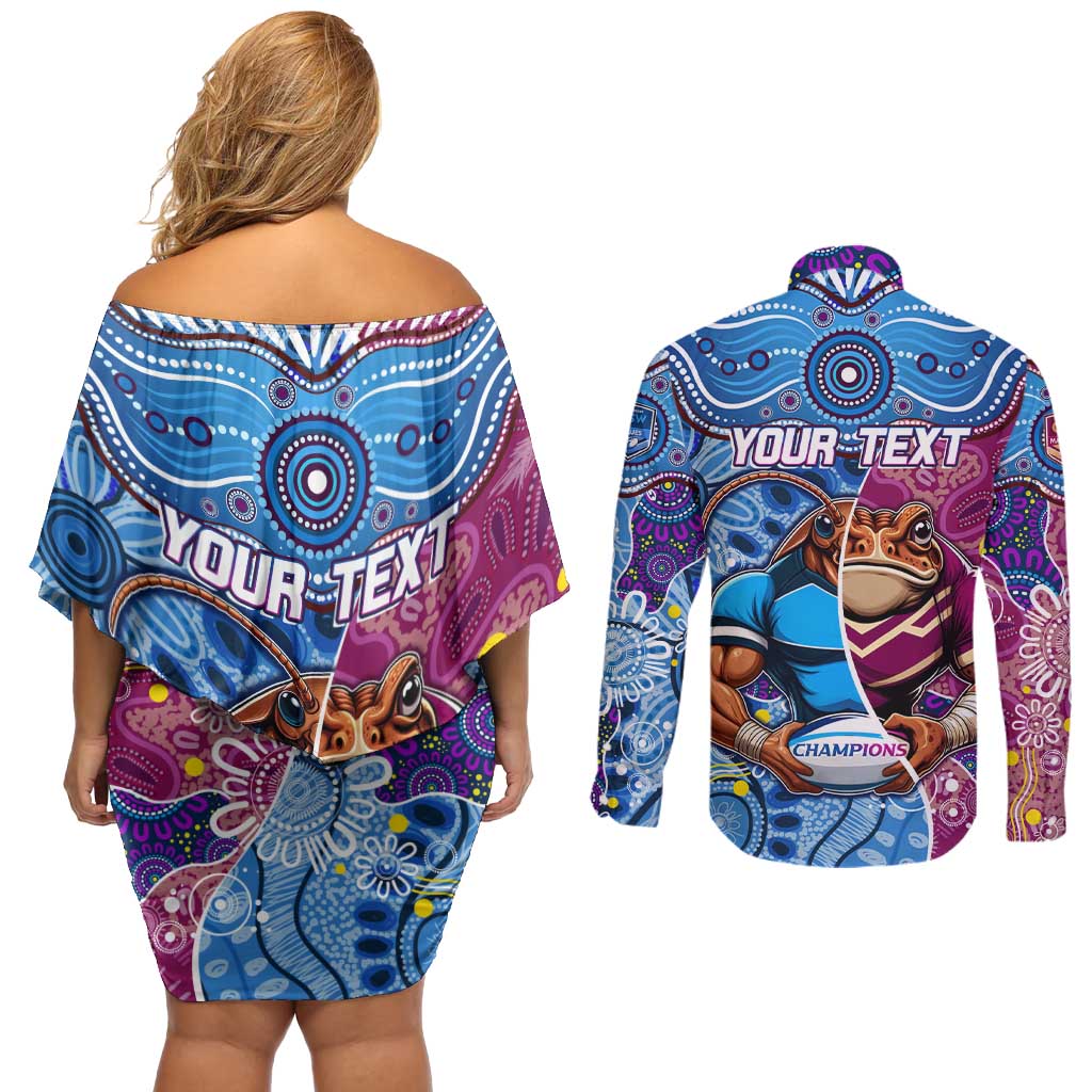 Custom Blues Cockroaches And Maroons Cane Toads Couples Matching Off Shoulder Short Dress and Long Sleeve Button Shirt State of Origin Aboriginal