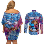 Custom Blues Cockroaches And Maroons Cane Toads Couples Matching Off Shoulder Short Dress and Long Sleeve Button Shirt State of Origin Aboriginal