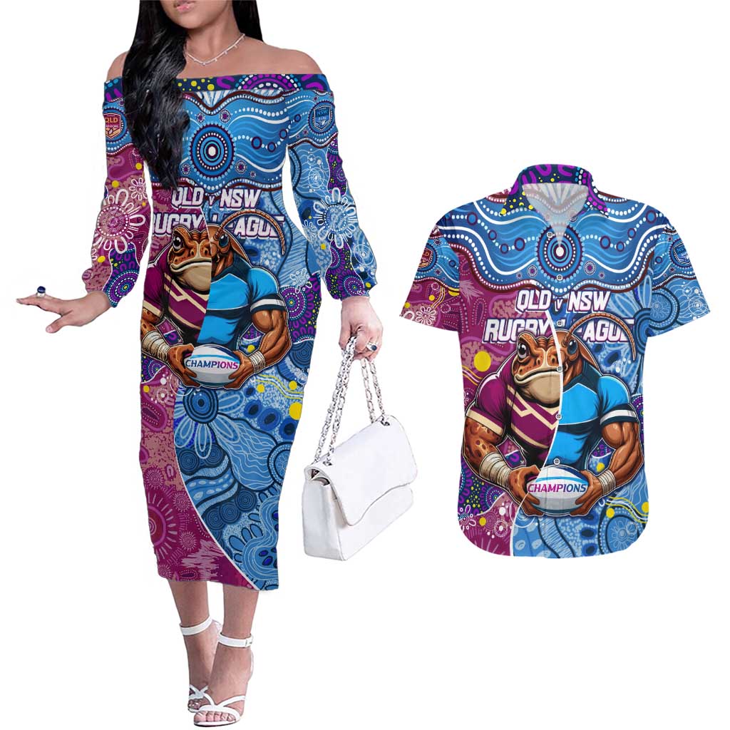 Custom Blues Cockroaches And Maroons Cane Toads Couples Matching Off The Shoulder Long Sleeve Dress and Hawaiian Shirt State of Origin Aboriginal