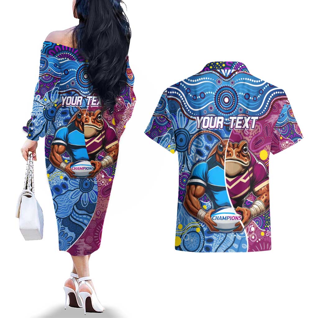 Custom Blues Cockroaches And Maroons Cane Toads Couples Matching Off The Shoulder Long Sleeve Dress and Hawaiian Shirt State of Origin Aboriginal