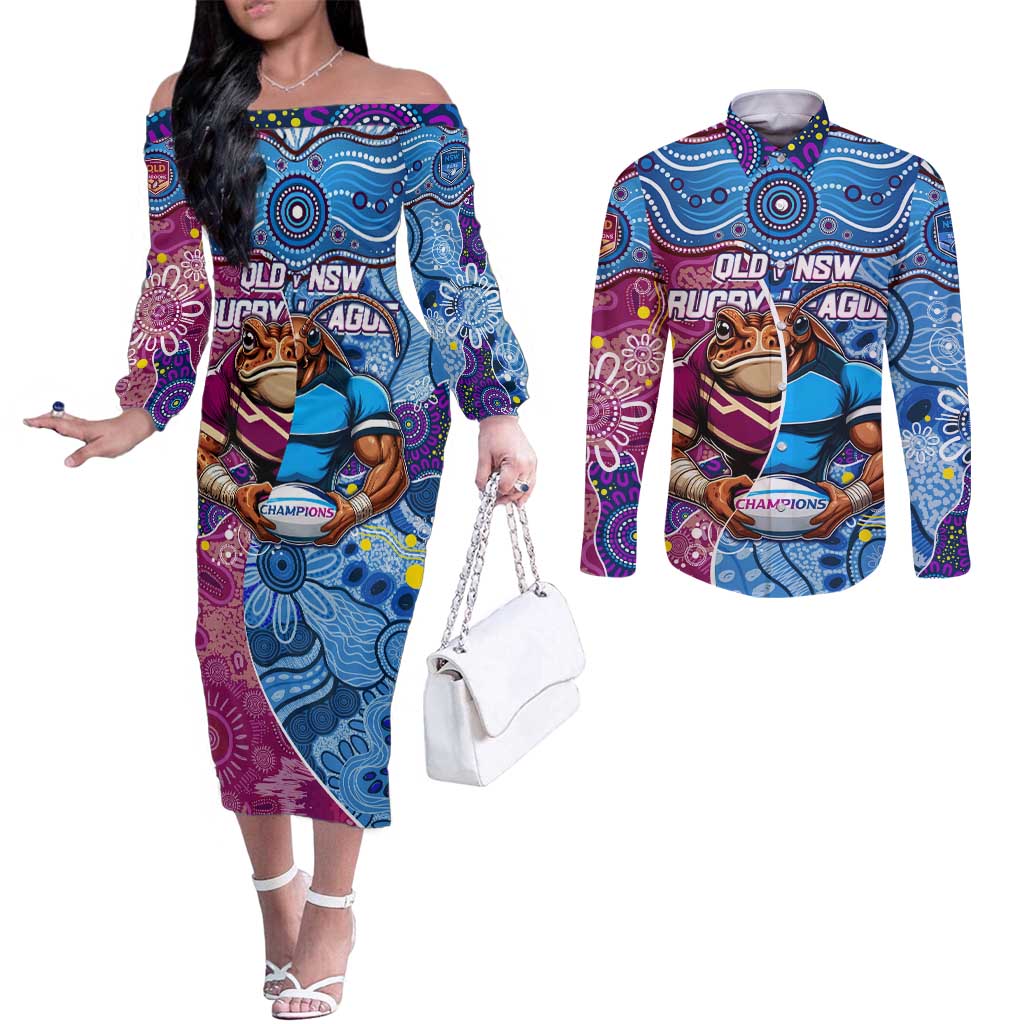 Custom Blues Cockroaches And Maroons Cane Toads Couples Matching Off The Shoulder Long Sleeve Dress and Long Sleeve Button Shirt State of Origin Aboriginal