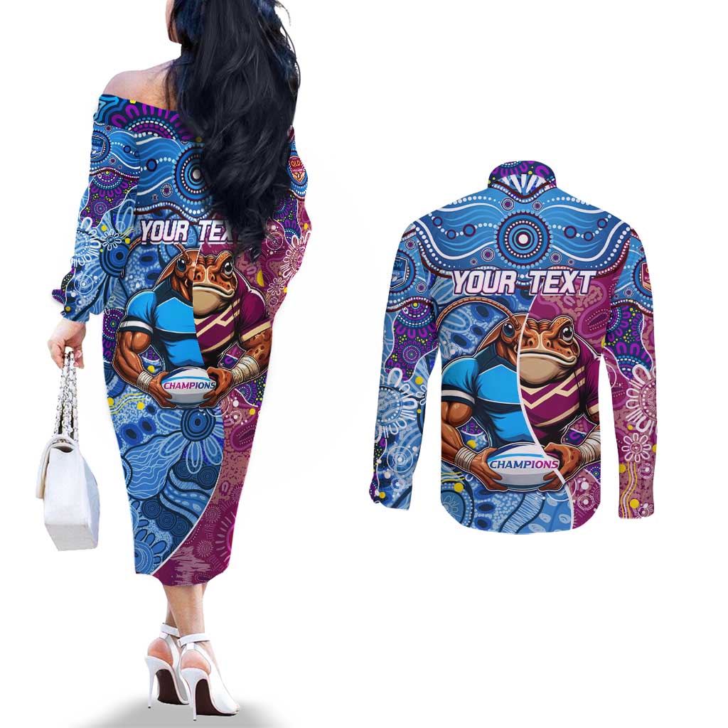 Custom Blues Cockroaches And Maroons Cane Toads Couples Matching Off The Shoulder Long Sleeve Dress and Long Sleeve Button Shirt State of Origin Aboriginal