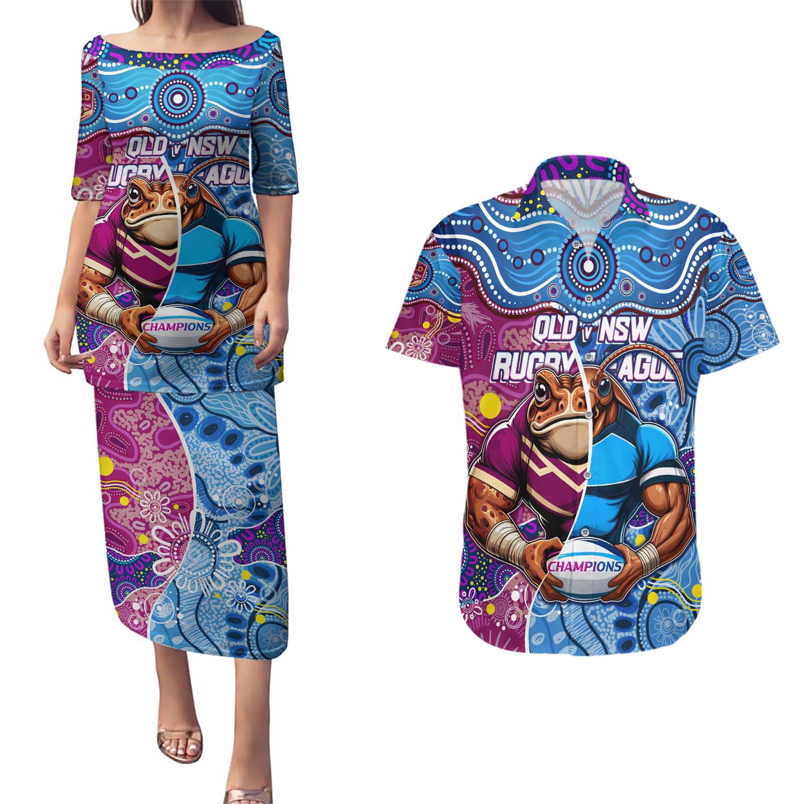 Custom Blues Cockroaches And Maroons Cane Toads Couples Matching Puletasi and Hawaiian Shirt State of Origin Aboriginal