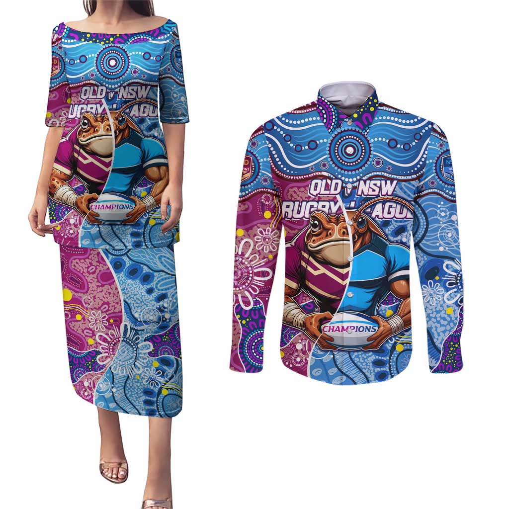 Custom Blues Cockroaches And Maroons Cane Toads Couples Matching Puletasi and Long Sleeve Button Shirt State of Origin Aboriginal