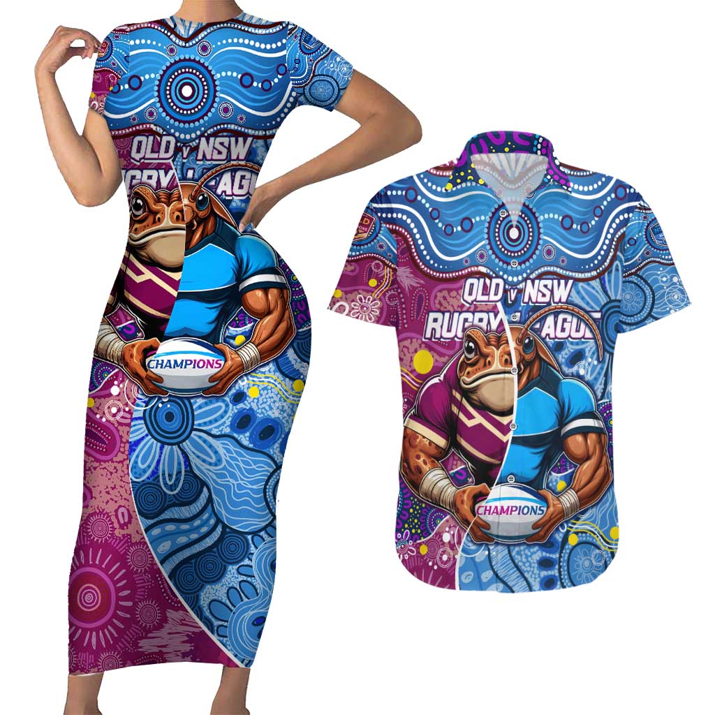 Custom Blues Cockroaches And Maroons Cane Toads Couples Matching Short Sleeve Bodycon Dress and Hawaiian Shirt State of Origin Aboriginal