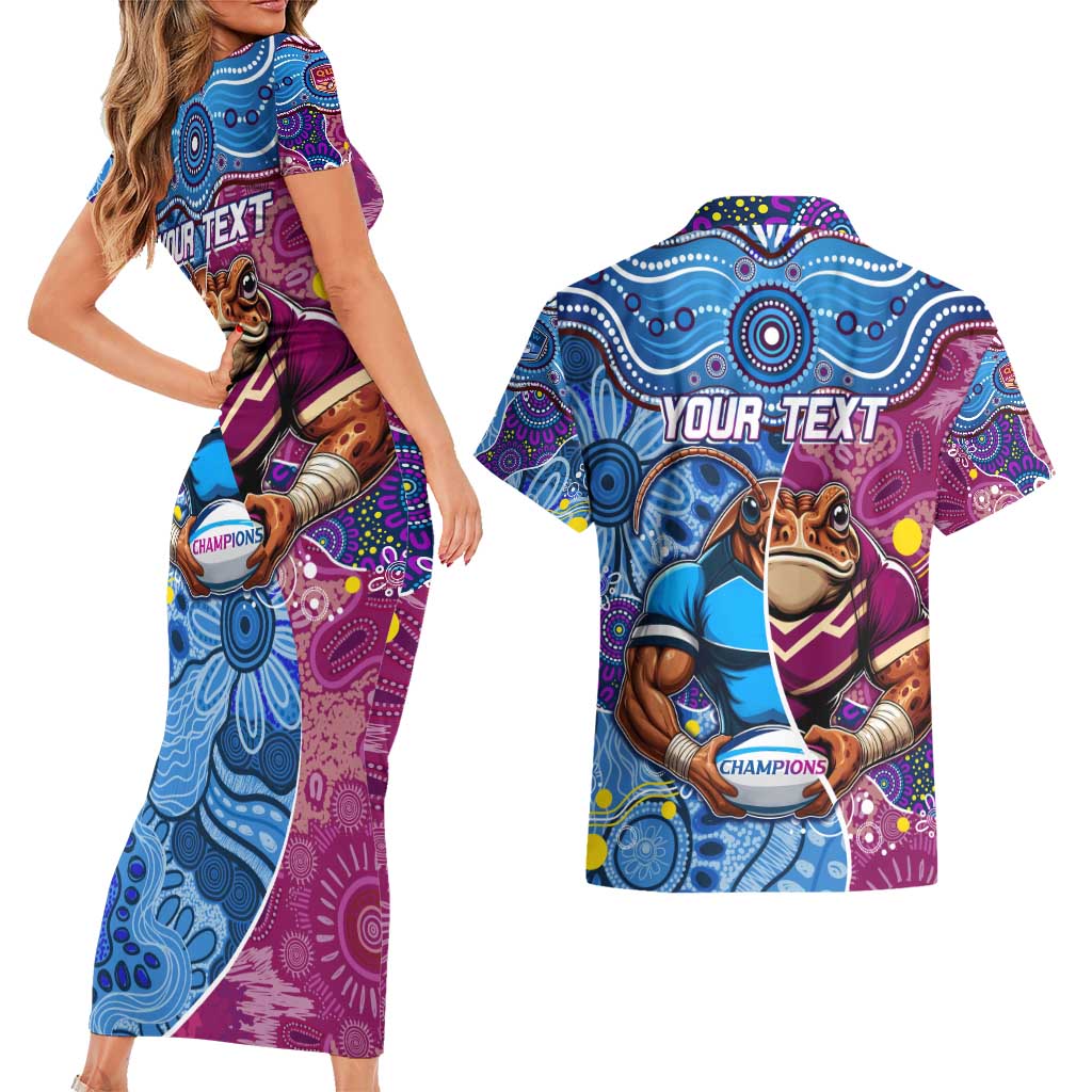 Custom Blues Cockroaches And Maroons Cane Toads Couples Matching Short Sleeve Bodycon Dress and Hawaiian Shirt State of Origin Aboriginal