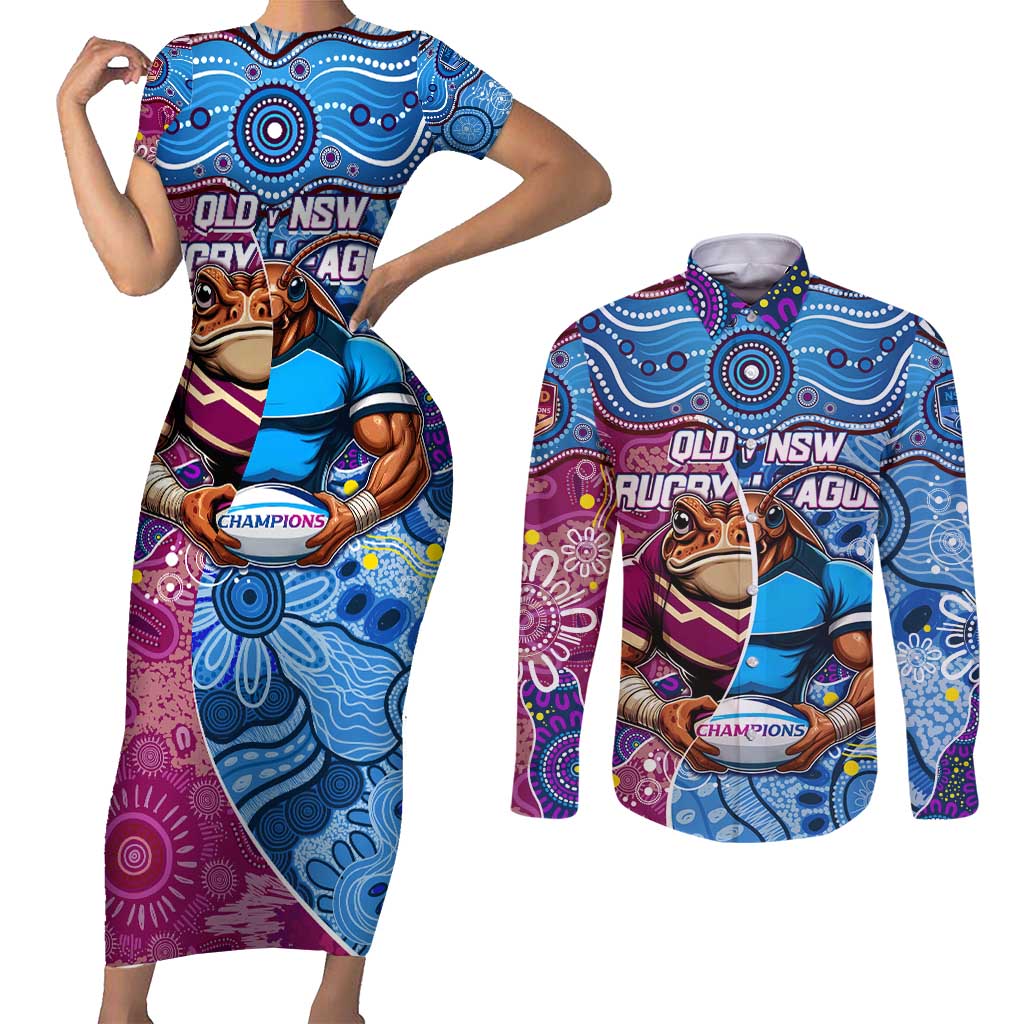 Custom Blues Cockroaches And Maroons Cane Toads Couples Matching Short Sleeve Bodycon Dress and Long Sleeve Button Shirt State of Origin Aboriginal