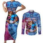 Custom Blues Cockroaches And Maroons Cane Toads Couples Matching Short Sleeve Bodycon Dress and Long Sleeve Button Shirt State of Origin Aboriginal