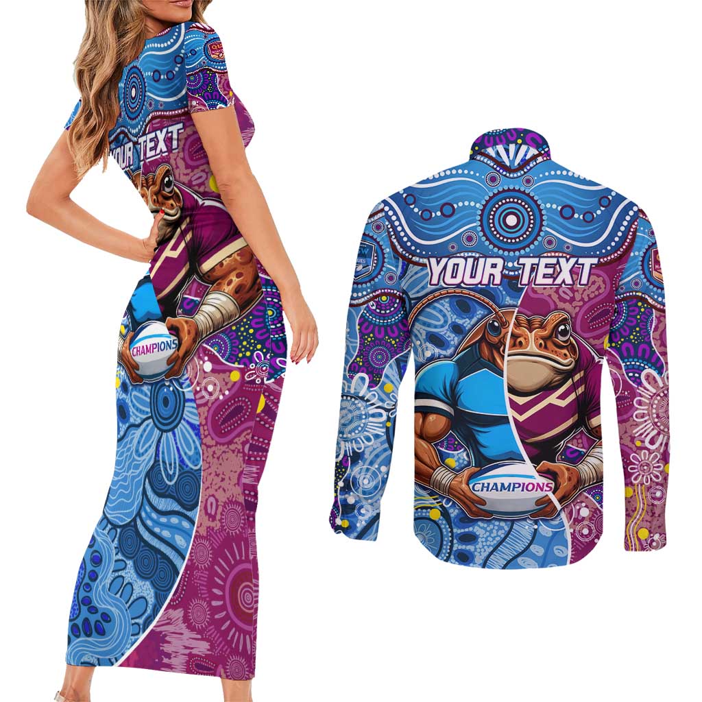 Custom Blues Cockroaches And Maroons Cane Toads Couples Matching Short Sleeve Bodycon Dress and Long Sleeve Button Shirt State of Origin Aboriginal