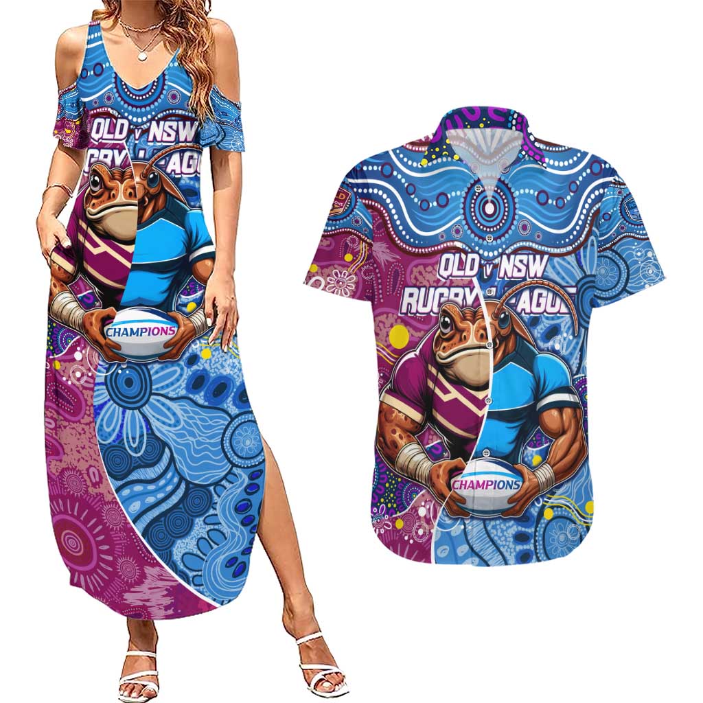 Custom Blues Cockroaches And Maroons Cane Toads Couples Matching Summer Maxi Dress and Hawaiian Shirt State of Origin Aboriginal