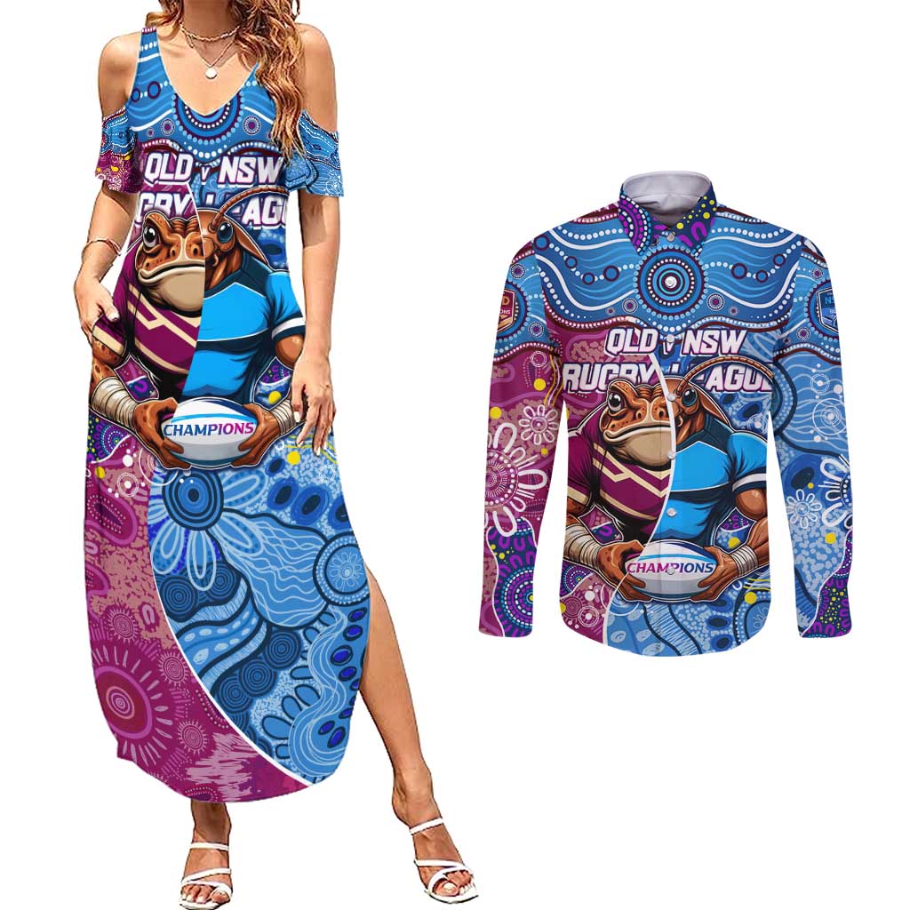 Custom Blues Cockroaches And Maroons Cane Toads Couples Matching Summer Maxi Dress and Long Sleeve Button Shirt State of Origin Aboriginal