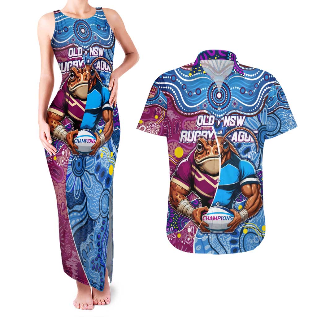 Custom Blues Cockroaches And Maroons Cane Toads Couples Matching Tank Maxi Dress and Hawaiian Shirt State of Origin Aboriginal