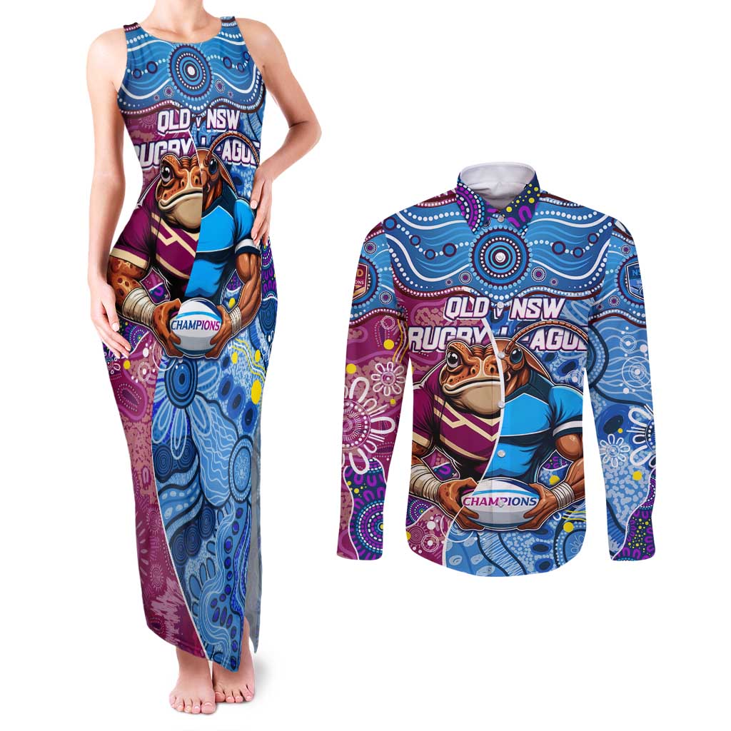 Custom Blues Cockroaches And Maroons Cane Toads Couples Matching Tank Maxi Dress and Long Sleeve Button Shirt State of Origin Aboriginal