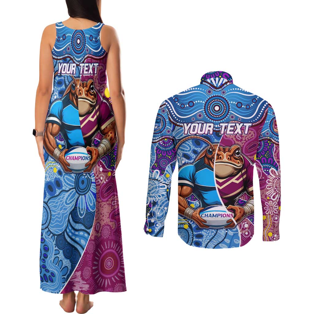 Custom Blues Cockroaches And Maroons Cane Toads Couples Matching Tank Maxi Dress and Long Sleeve Button Shirt State of Origin Aboriginal