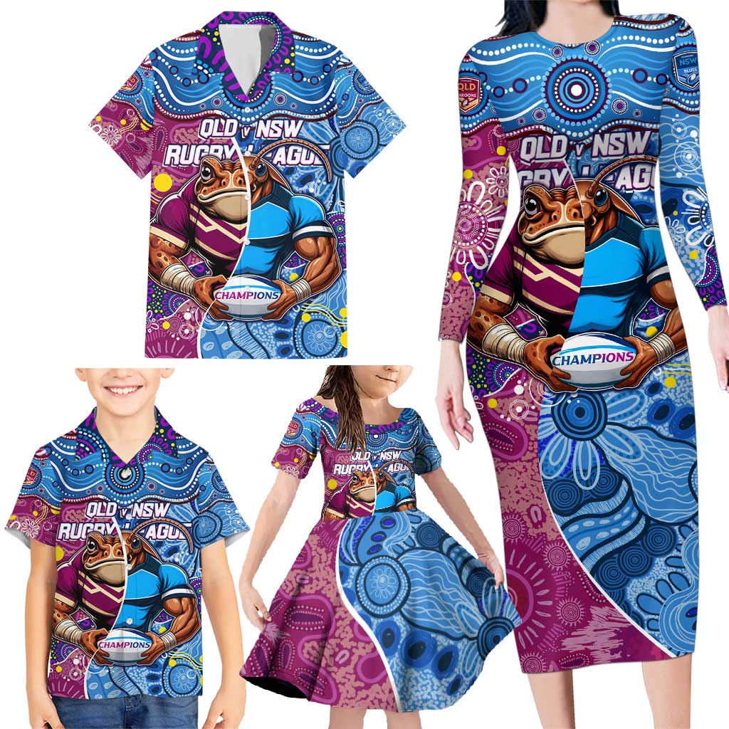 Custom Blues Cockroaches And Maroons Cane Toads Family Matching Long Sleeve Bodycon Dress and Hawaiian Shirt State of Origin Aboriginal