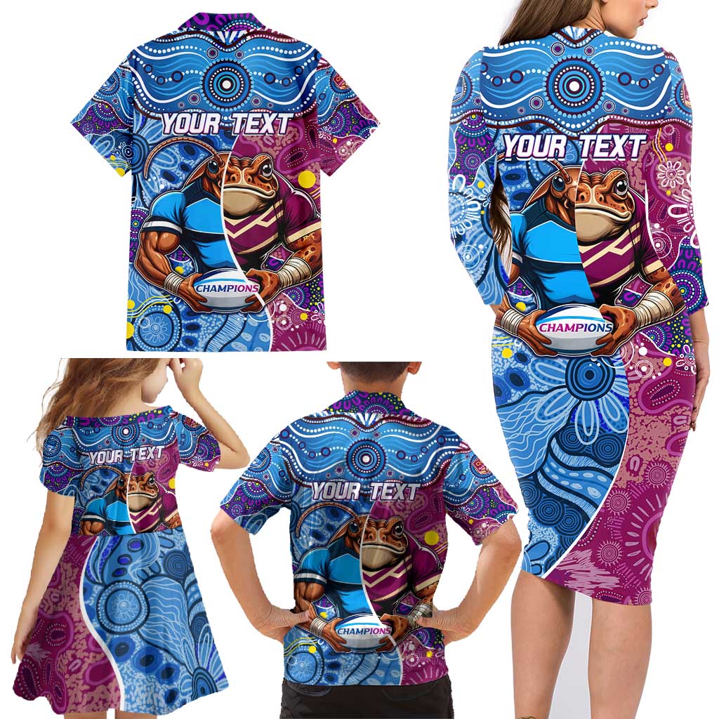 Custom Blues Cockroaches And Maroons Cane Toads Family Matching Long Sleeve Bodycon Dress and Hawaiian Shirt State of Origin Aboriginal