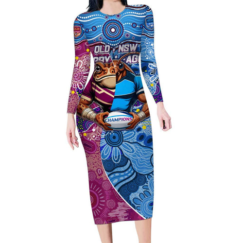 Custom Blues Cockroaches And Maroons Cane Toads Family Matching Long Sleeve Bodycon Dress and Hawaiian Shirt State of Origin Aboriginal