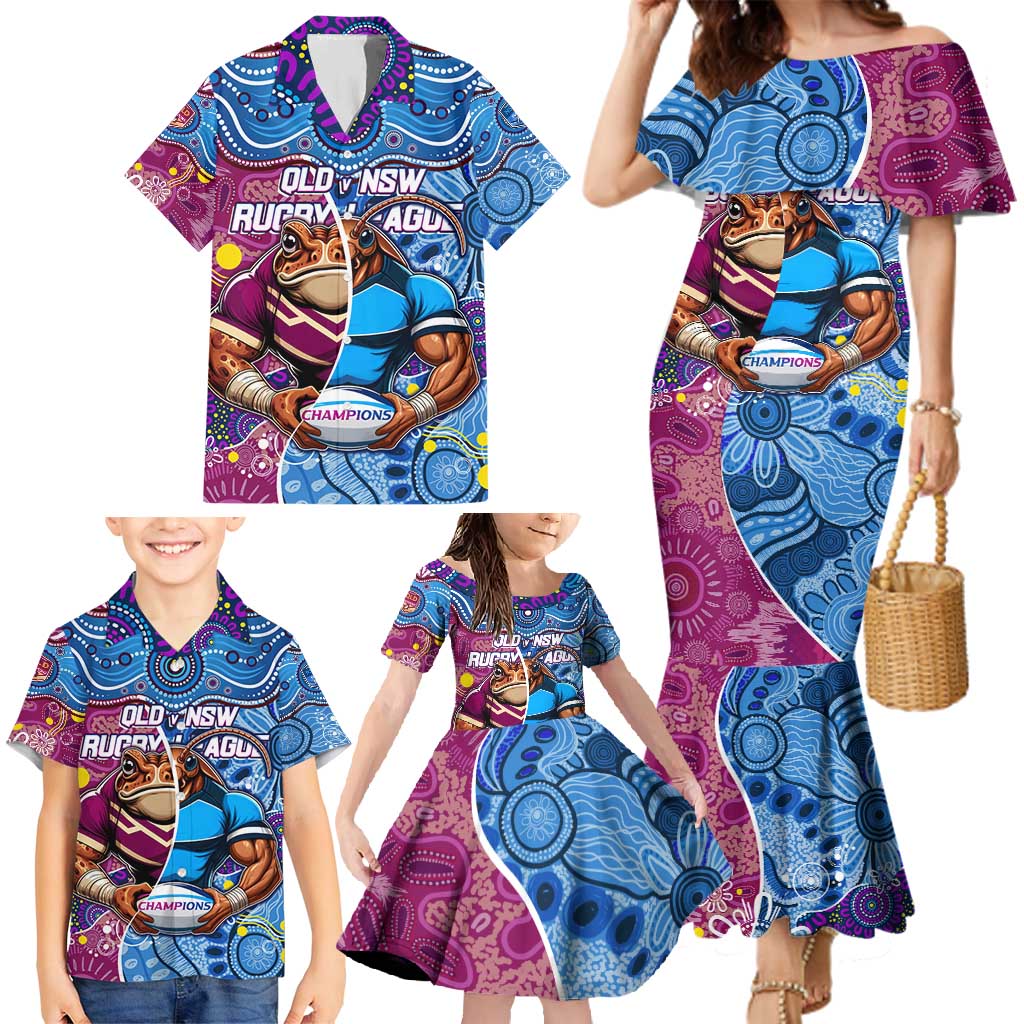 Custom Blues Cockroaches And Maroons Cane Toads Family Matching Mermaid Dress and Hawaiian Shirt State of Origin Aboriginal