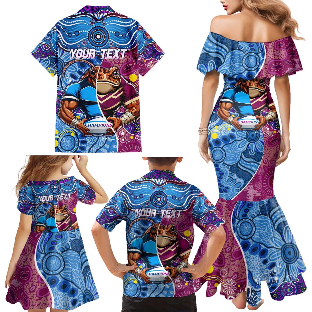 Custom Blues Cockroaches And Maroons Cane Toads Family Matching Mermaid Dress and Hawaiian Shirt State of Origin Aboriginal