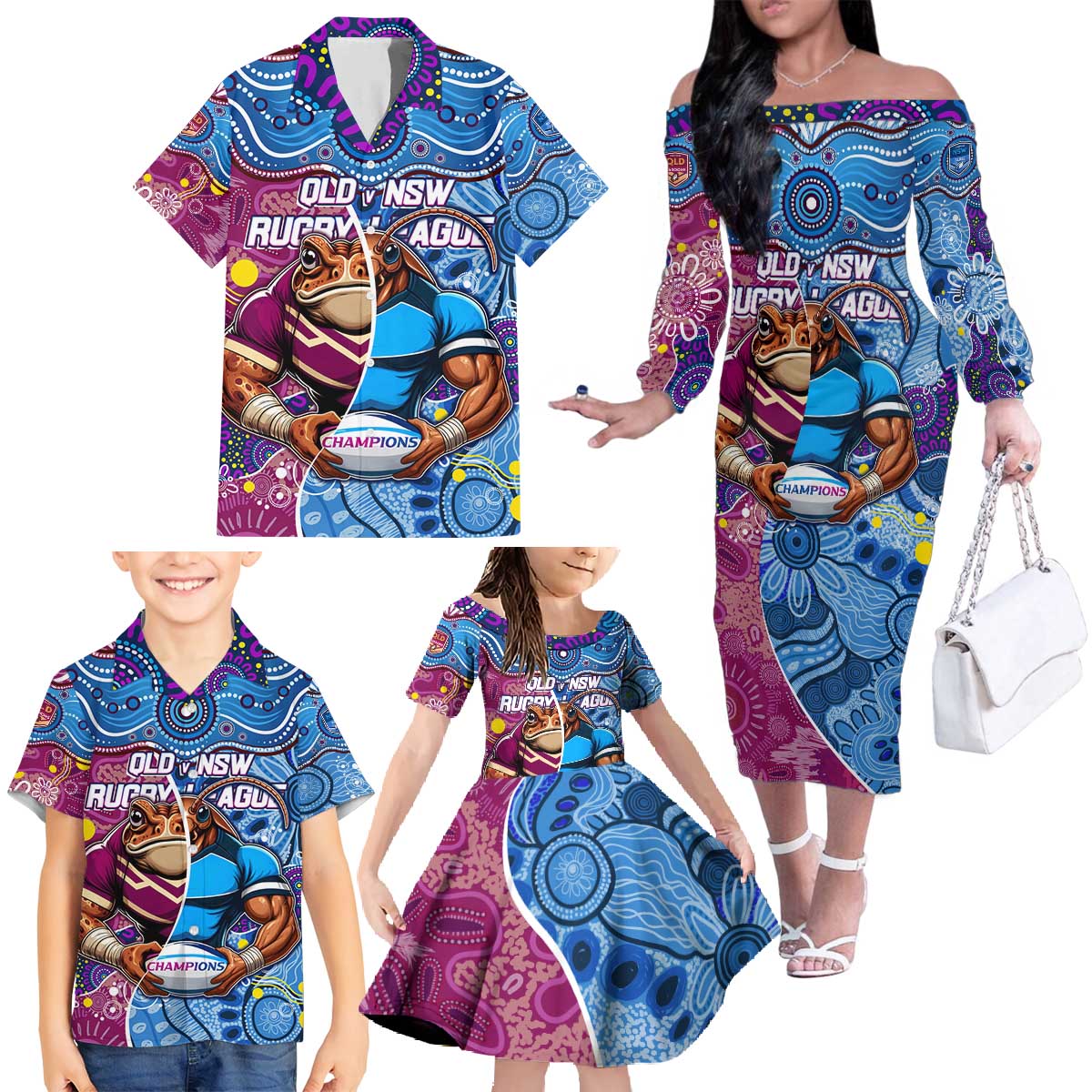 Custom Blues Cockroaches And Maroons Cane Toads Family Matching Off The Shoulder Long Sleeve Dress and Hawaiian Shirt State of Origin Aboriginal