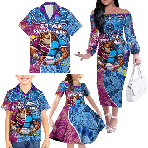Custom Blues Cockroaches And Maroons Cane Toads Family Matching Off The Shoulder Long Sleeve Dress and Hawaiian Shirt State of Origin Aboriginal
