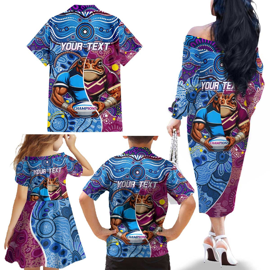 Custom Blues Cockroaches And Maroons Cane Toads Family Matching Off The Shoulder Long Sleeve Dress and Hawaiian Shirt State of Origin Aboriginal