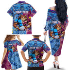 Custom Blues Cockroaches And Maroons Cane Toads Family Matching Off The Shoulder Long Sleeve Dress and Hawaiian Shirt State of Origin Aboriginal