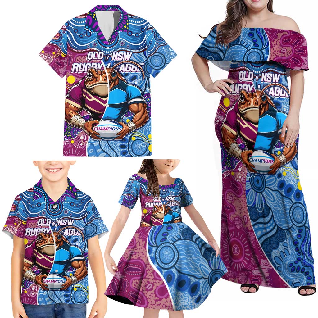 Custom Blues Cockroaches And Maroons Cane Toads Family Matching Off Shoulder Maxi Dress and Hawaiian Shirt State of Origin Aboriginal