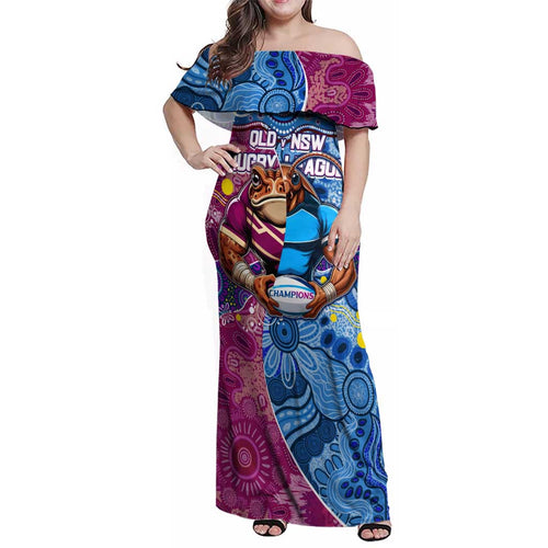 Custom Blues Cockroaches And Maroons Cane Toads Family Matching Off Shoulder Maxi Dress and Hawaiian Shirt State of Origin Aboriginal