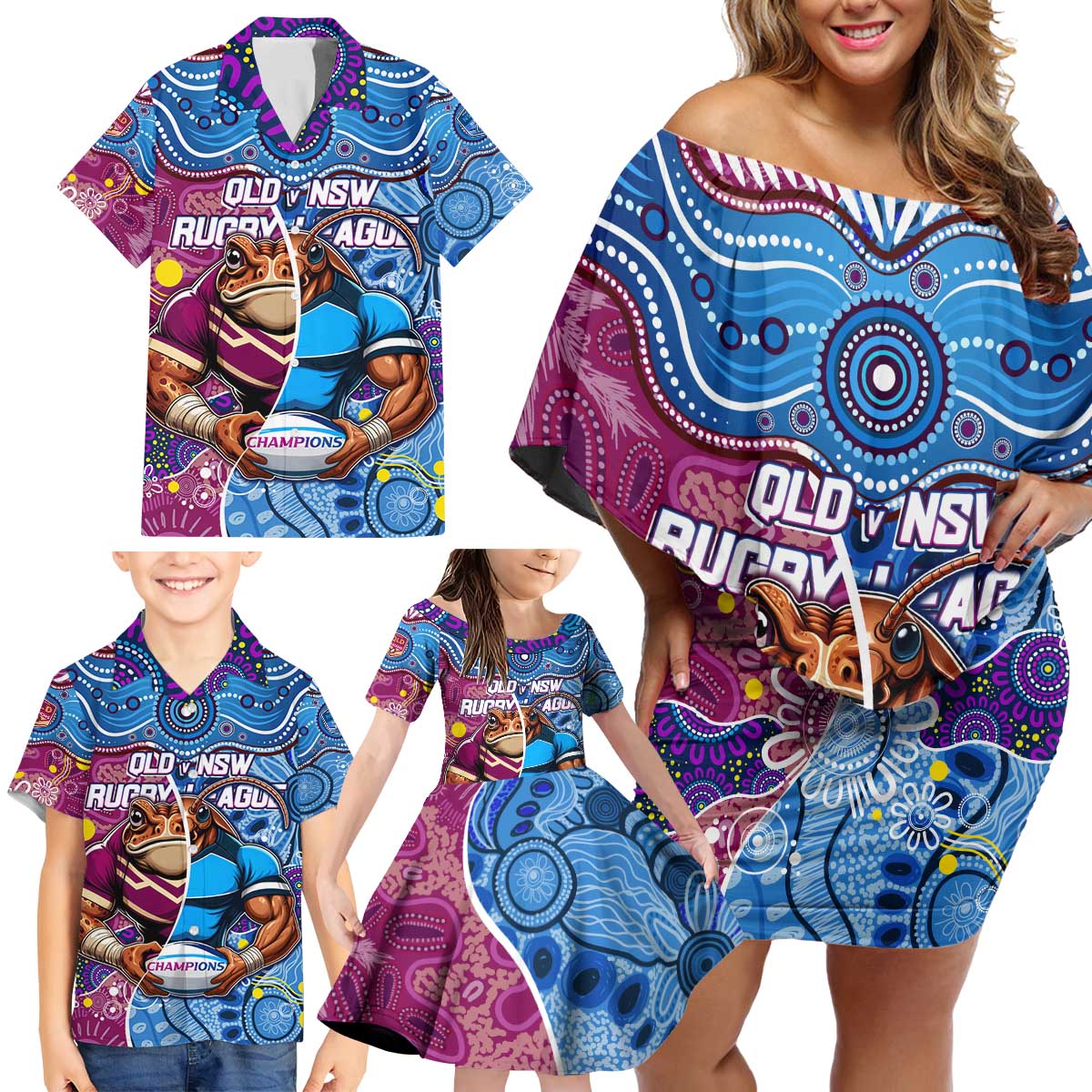 Custom Blues Cockroaches And Maroons Cane Toads Family Matching Off Shoulder Short Dress and Hawaiian Shirt State of Origin Aboriginal